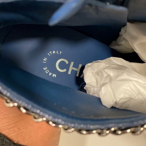 CHANEL 20C Denim Fabric Leather Chain CC Ankle Booties Boots Heels - Picture 9 of 10